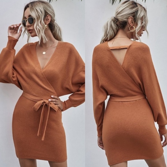 Surplice Sweater Dress - Salmon - Picture 2 of 3